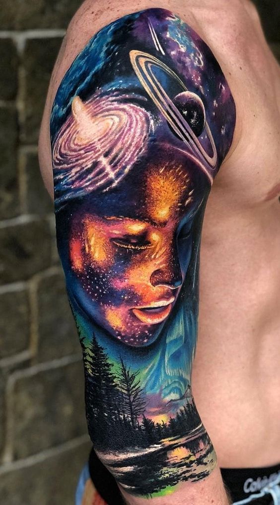 shoulder-tattoo-moon-and-stars-tattoo-tall-trees-galaxy-above-them-moon-covering-the-sun  | Galaxy tattoo, Galaxy tattoo sleeve, Tattoos
