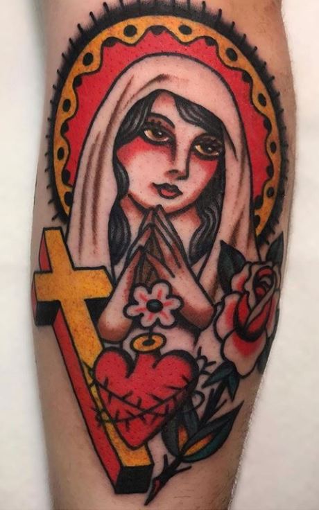 Tattoo uploaded by Davey Graham  Black and grey traditional virgin mary  tattoo on a thigh  Tattoodo