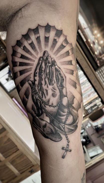 34 Religious Praying Hands Tattoos On Leg  Tattoo Designs  TattoosBagcom