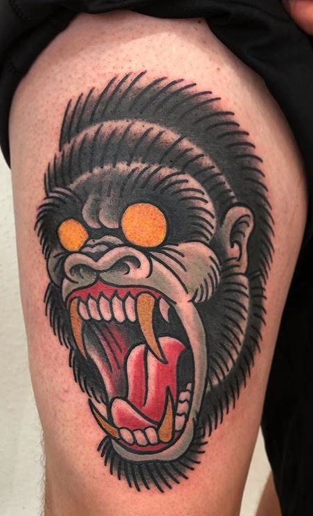 Flaming Gorilla Head Tattoo by Chris Cockrill  Remington Tattoo Parlor
