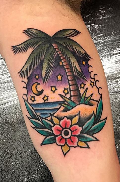 Palm tree tattoo with beach and sunset  Private tattoos Sleeve tattoos  Tattoos