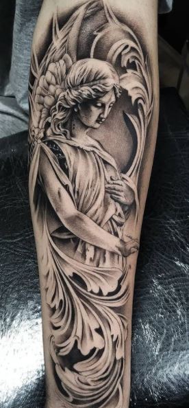 Black  Grey Angel Statue Tattoo by Nathaniel Gann