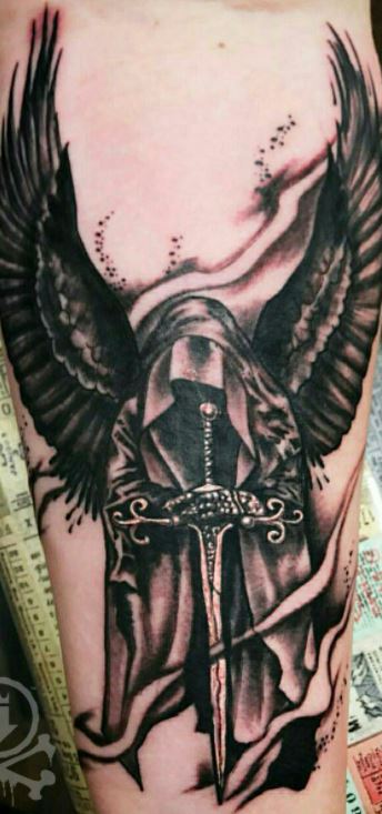 Amazing Angel Of Death Tattoo On Half Sleeves  Back