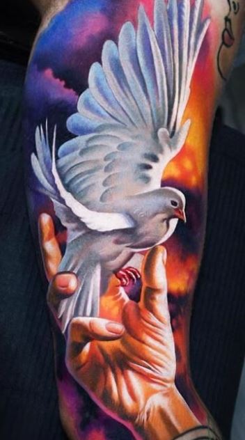 Black Outline Flying Dove Tattoo On Wrist