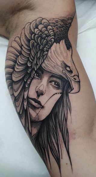 Traditional American Eagle On Girl Head Tattoo On Girl Left Shoulder