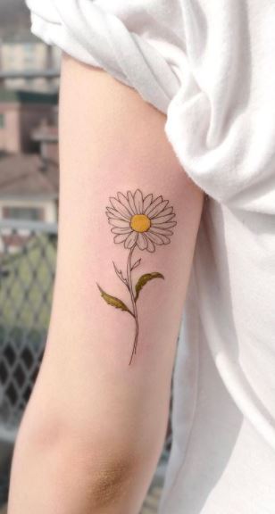 Fine line daisy tattoo on the ankle.