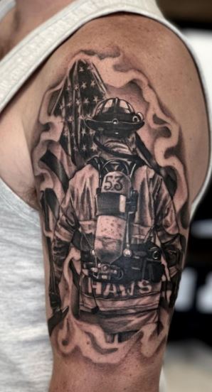 Incredible memorial piece by benshaw  memorialtattoo  blackandgray firefighter  Instagram