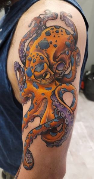 Neotraditional octopus tattoo on the left foot