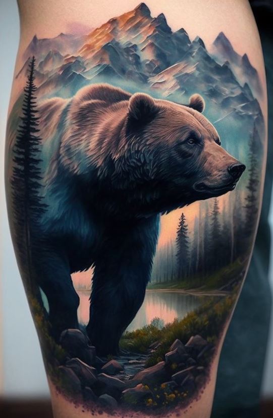 Microrealistic bear tattoo on Thomas Houseagos